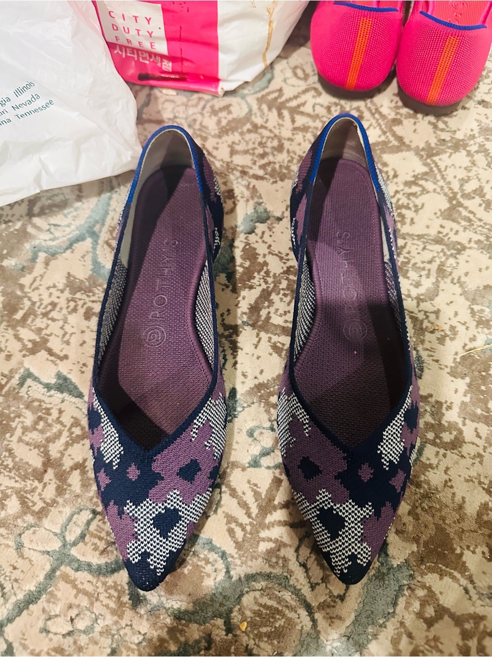 Rothy's Navy and Purple Patterned Pointed Knit Flats